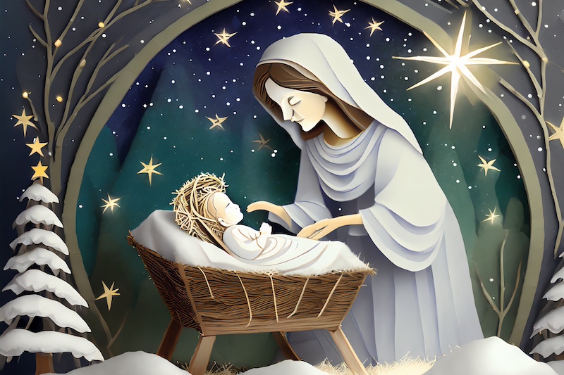 Firefly Ontwerp Een Cover Van Een Kerstkaart Met Het Kind Jezus In De Kribbe En Een Fonkelende Ster Kopie